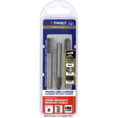 Set of tungstene carbide rotary burrs Ø8 mm, 6mm shank, 3 pcs