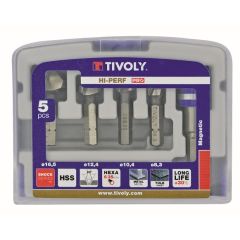 Set of 4 Countersinks + magnetic bit holder. HSS, ØD=8,3-16,5mm. Bright, uncoated, 1/4" hex shank "Half-box"