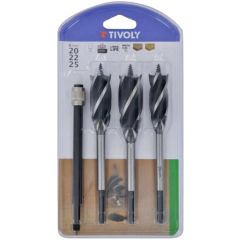 Tivoly Wood Drill Bit Set – 4-Cutting Edges, Ø20–25 mm, 3 Bits + Extension Shank,1/4 Hex