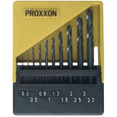 Proxxon HSS twist drill set – 10 pcs Ø 0.3–3.2 mm, high-speed steel, labeled folding storage cassette