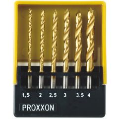 Proxxon 28876 HSS twist drill bit set – 6-piece 1.5-4.0 mm, centering spike, titanium nitride coating, labelled cassette storage