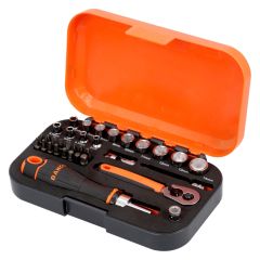 Bahco 1/4" Square Drive Socket and Bit Set with Metric Hex Profile and Ratcheting Bit Holder - 34 Pcs