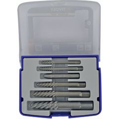 Tivoly tappide ja kruvide ekstraktorite komplekt – 6-osaline (ekstraktorid nr 1–5 + X-Out Ø2–8 mm), HRC-karastatud teras