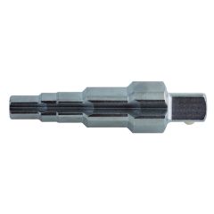 Combination stepped key with 1/2 square drive, 5 different steps: 3/8"-7/16"-1/2"-3/4"-1", allows installation and removal of heating nipples, tank connections and short tap extensions